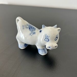 Vintage Porcelain Delft Hand Painted Blue & White Cow Figurine